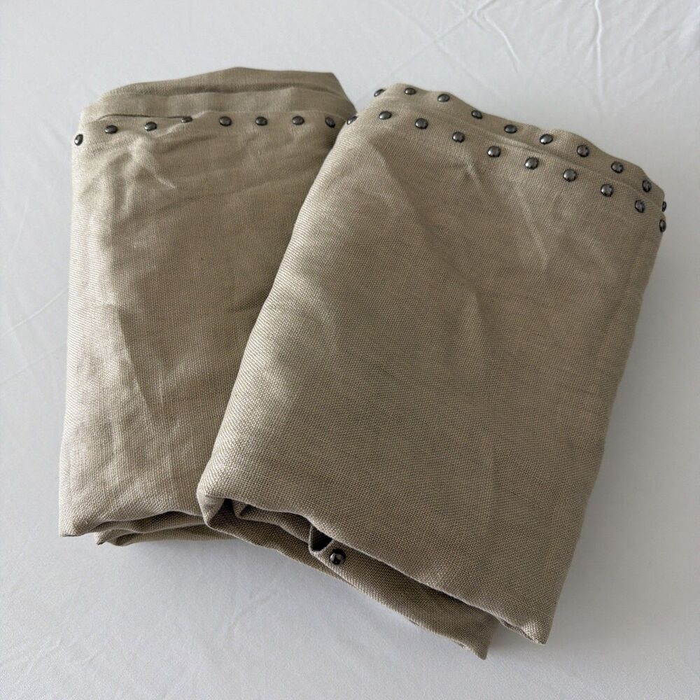 West Elm Pair Of 100% Linen Curtain Panels 48x96 Tan Studded Trim Rod Pocket EUC